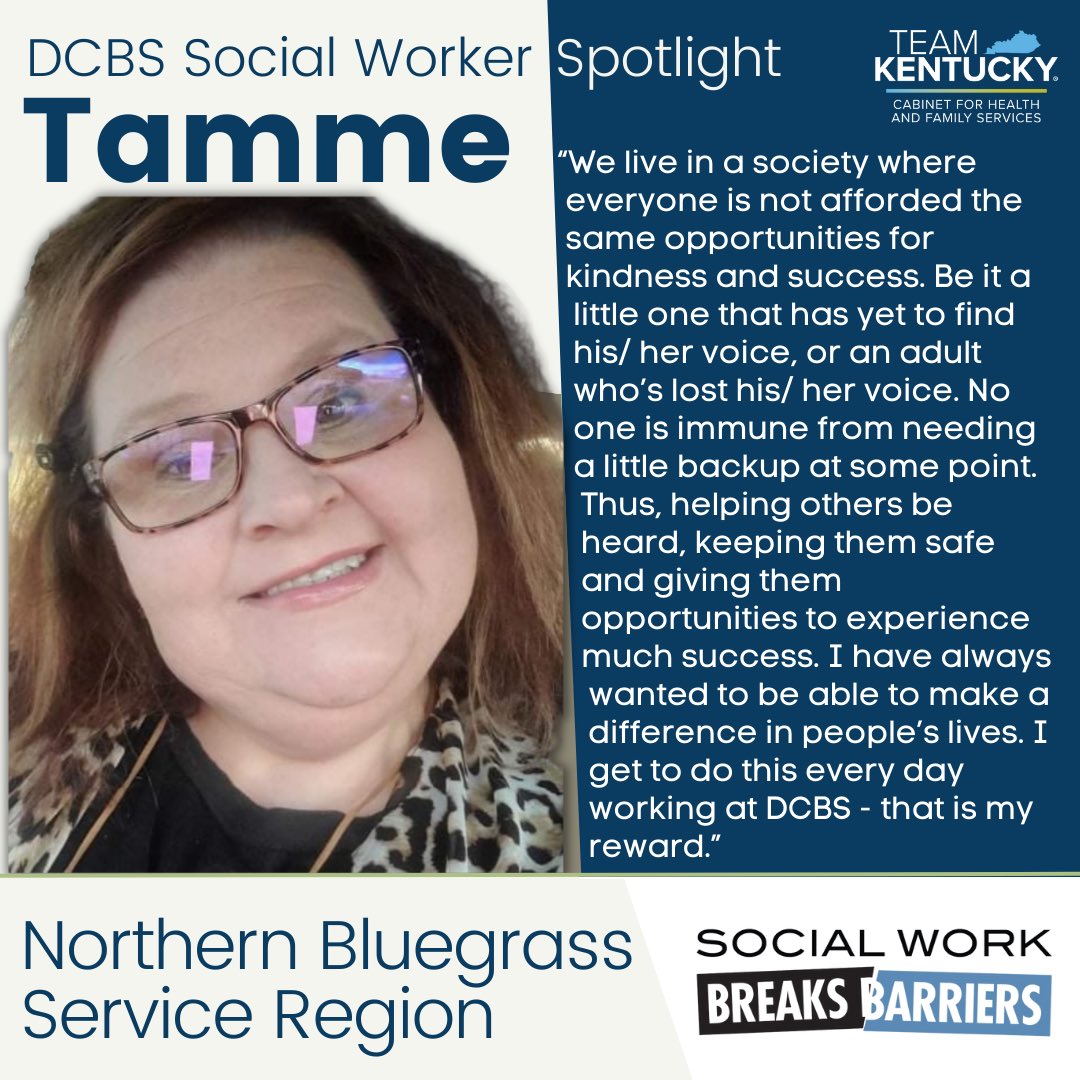 KyDCBS's tweet photo. Meet Tamme from our Northern Bluegrass Region. She says: “I have always wanted to be able to make a difference in people’s lives. I get to do this every day working at DCBS.”
Tamme, thank you for making a difference!
#SocialWorkMonth #socialwork #prevention #NKY #NorthernBlue https://t.co/yqegssgytc