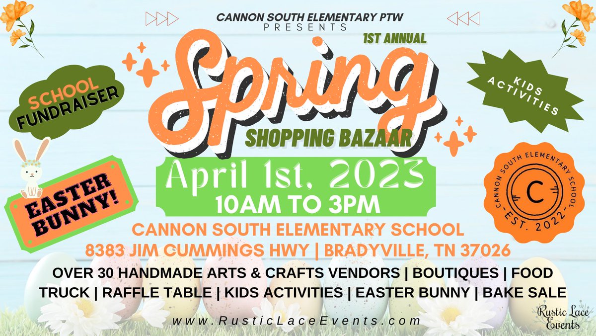 rusticlaceevent's tweet photo. Don't forget to check out our Spring Shopping Bazaar Tomorrow, April 1st, from 10am to 3pm at Cannon South Elementary School! This is a Fundraiser Event and we will have a Raffle Table, Easter Bunny, Over 30 Arts &amp; Crafts Vendors, Food Trucks, Massage Therapist and so much more! https://t.co/kB9CisGHL2