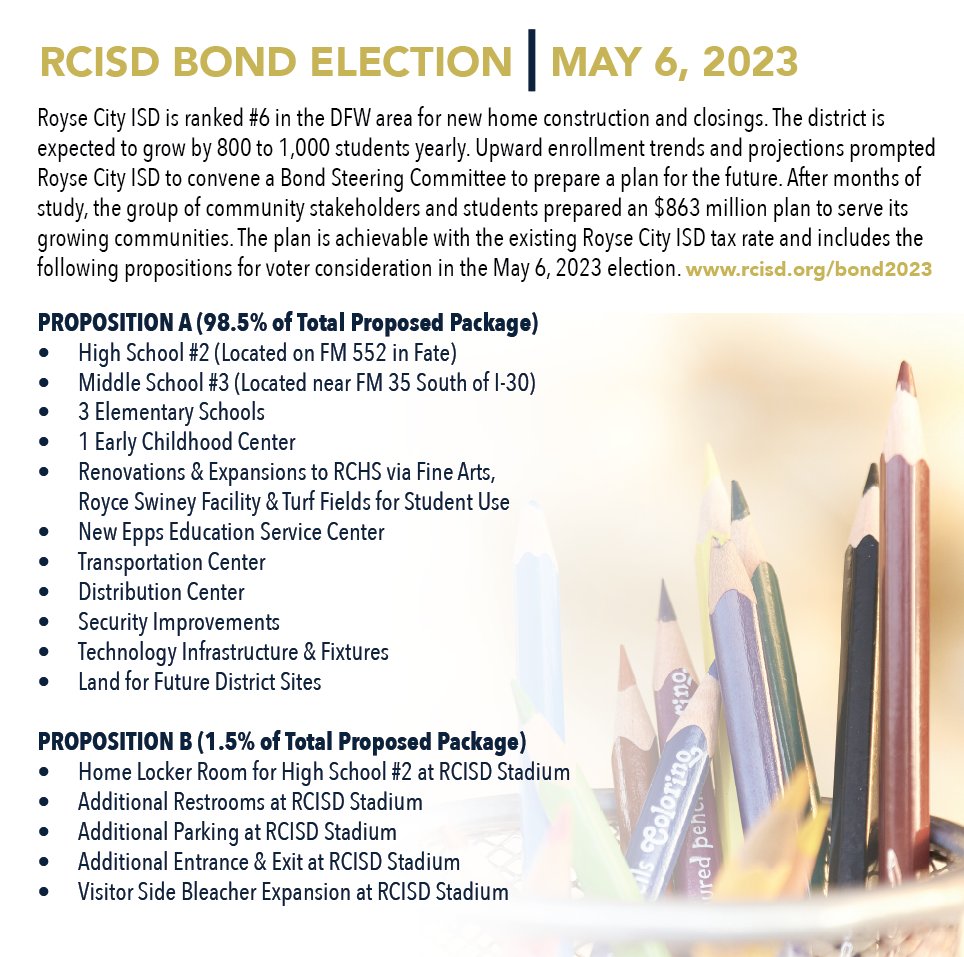 RoyseCityISD's tweet photo. Are you registered to vote? An important community decision is coming soon regarding a plan to build new schools and facilities to serve a fast growing student population. Early Voting is April 24 to May 2. Election Day is May 6. Visit https://t.co/kfVzijfVoN for more informati… https://t.co/iMBMUcxiwg