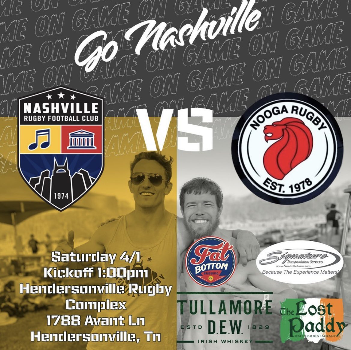 Game Day is right around the corner!

We're ready to give it our all in the final game of the season against a tough opponent. Join us on 4/1 at the Hendersonville Rugby Complex for 1 PM kickoff!

Afterwards, let's celebrate together at The Lost Paddy!

#NashvilleRugby