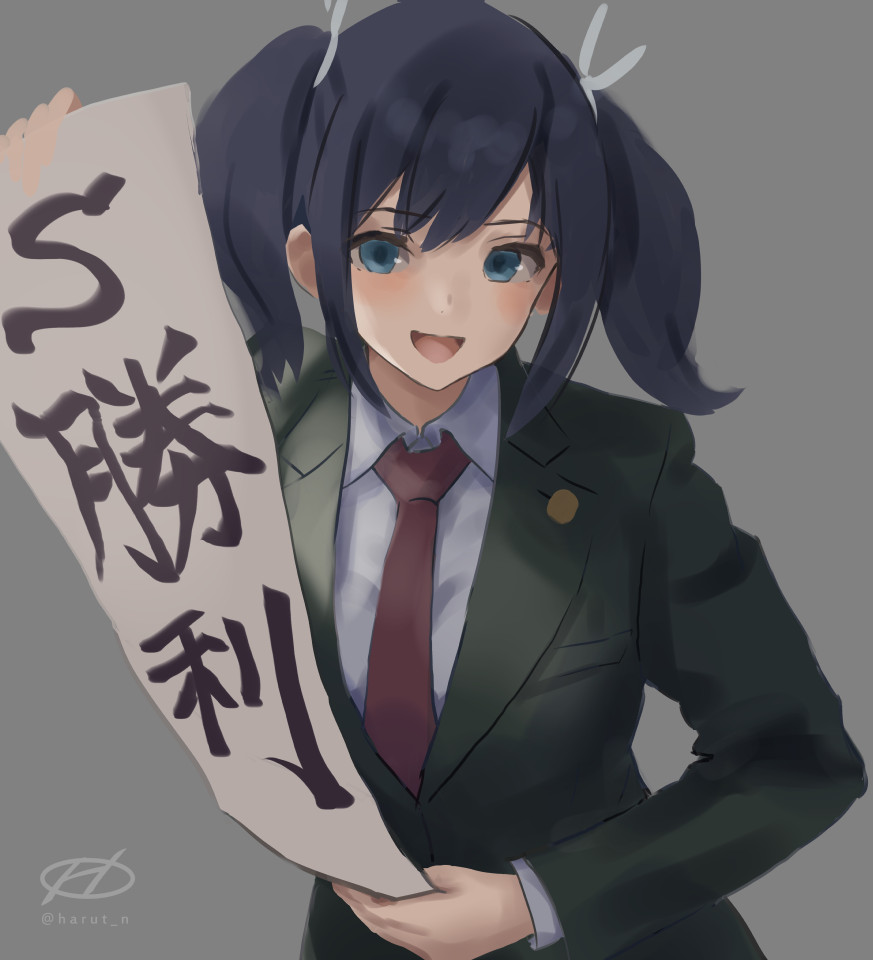 souryuu (kancolle) 1girl solo twintails necktie blue eyes blue hair grey background  illustration images