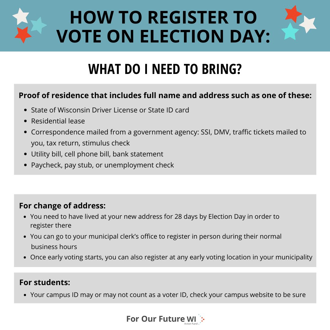 🚨Reminder: Wisconsin has same day voter registration! You just need to bring an ID and proof of residence to register to vote at your polling place.