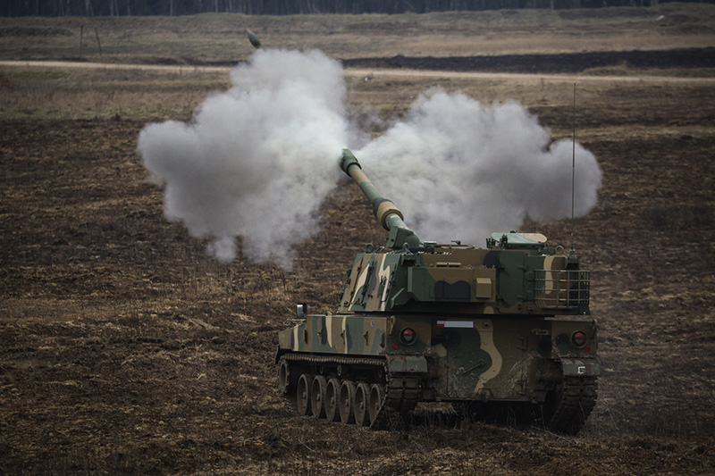 Polish K9 self-propelled gun howitzers from units of 16DZ during artillery training