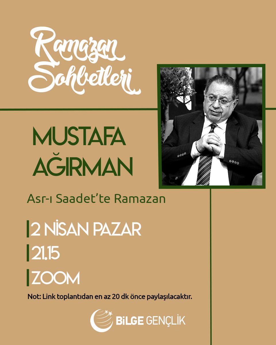 2 Nisan Pazar günü saat 21.15'te  Mustafa Ağırman hocamızın hatipliğinde Asr-ı Saadet'te Ramazan konulu online programımızı gerçekleştireceğiz. Katılımınızı bekleriz.

(Link en az 20 dk önce paylaşılacaktır)