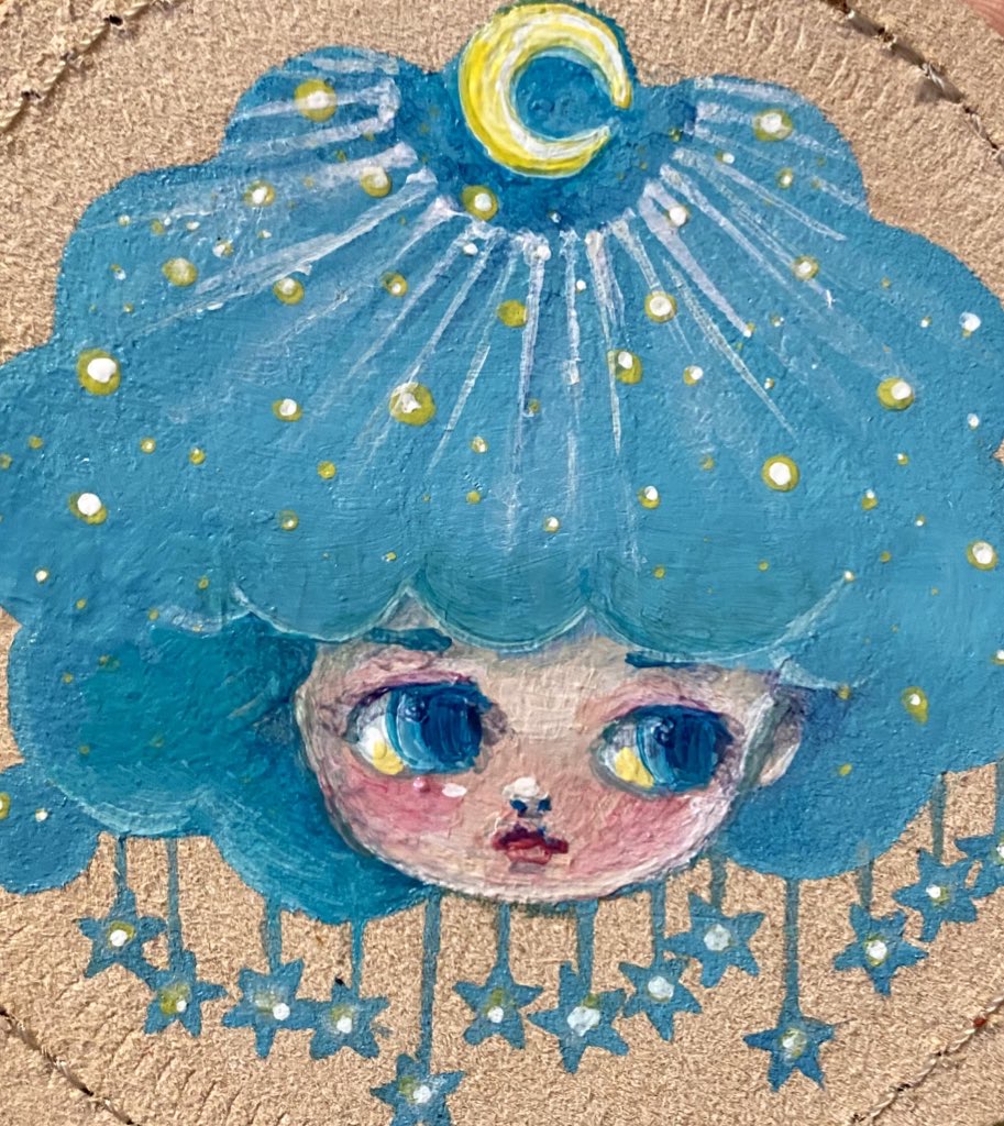 solo 1girl traditional media blue eyes blush blue hair crescent moon  illustration images