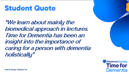Time4Dementia's tweet photo. #wednesdaythought #wednesdaywisdom #Wednesdayvibe โWe learn about mainly the biomedical approach in lectures. Time for Dementia has been an insight into the importance of caring for a person with dementia holisticallyโ @PlymUni #studentquote #livingwithdementia #dementiacare https://t.co/iYWCeDsUZy