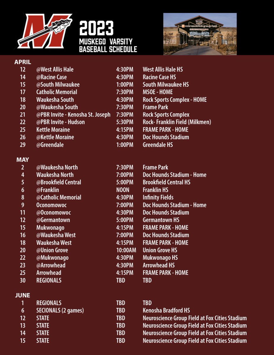 2023 Varsity Schedule (subject to change due to weather). Follow for schedule changes. 

Not a typo, no games at Home the entire season.