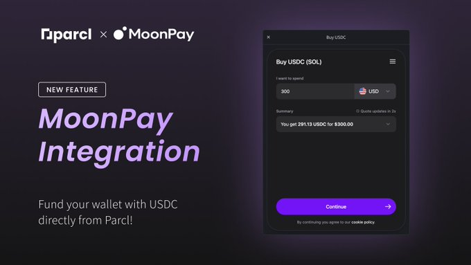 SolanaUnivers's tweet photo. 🎉@Parcl integration with @Moonpay

🎉#Parcl users now have the option to fund their wallets directly with $USDC.

🔽INFO
 https://t.co/gGTHoJCUr4 https://t.co/LOGdArKGdB