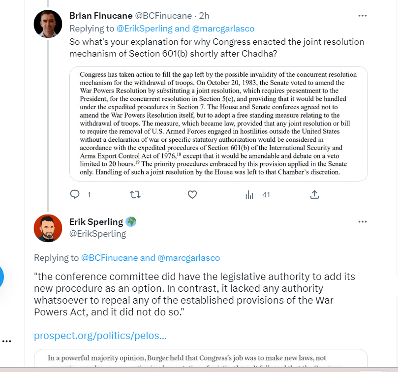 ErikSperling's tweet photo. This former @StateDept lawyer, now at @CrisisGroup, is oddly passionate about his view that War Powers concurrent resolutions are unconstitutional...

Is it fair to assume he conceded the point? 

Has anyone ever been blocked for a nerdier reason than this? https://t.co/bjmKkdjCXr