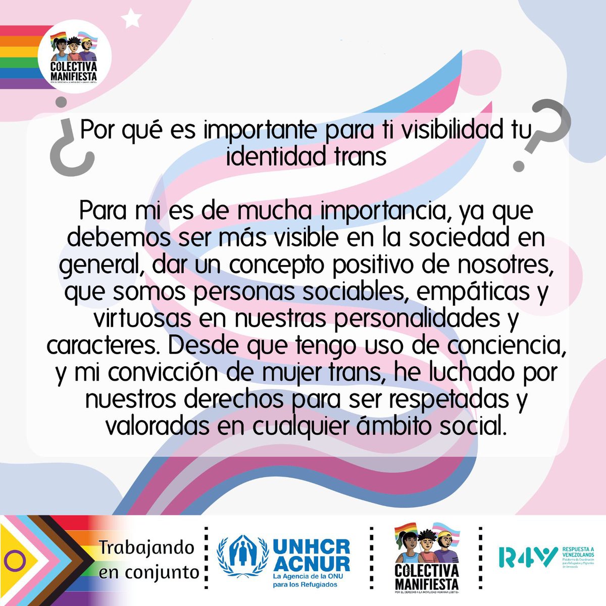 #visibilidadtrans día a día contribuimos a la integración de personas TRANS en movilidad humana, esto gracias al apoyo de @ACNURSuramerica , seguiremos trabajando y relevando sus propias voces.