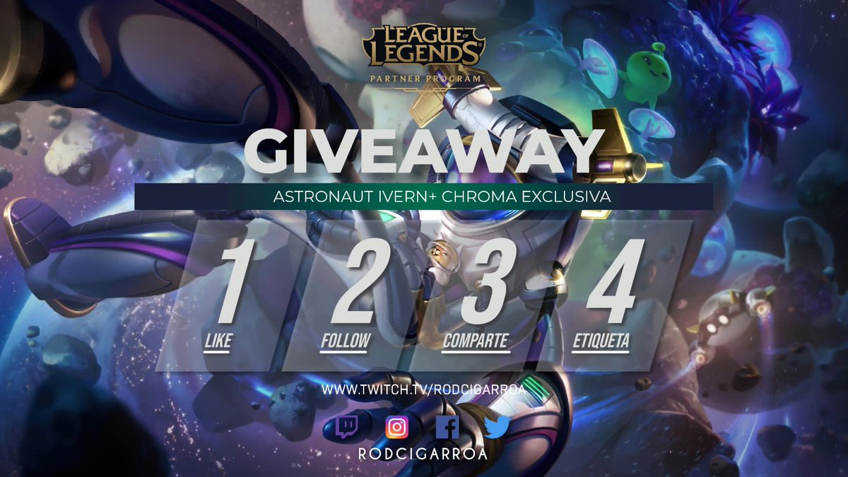 SOLO HOY SORTEOS DE SKINS DE ASTRONAUT IVERN + CHROMA EXCLUSIVA🔥

- Follow en Twitter y en Instagram a <a href="/rodcigarroa/">Ro</a> y <a href="/ChemicalQuarks/">Chemical Quarks Esports</a> 
- Dale ❤️ y 🔄
- Etiqueta a 2 amigos

#LeaguePartner #LPP #ChemicalQuarks #LeagueOfLegends 

Válido solo en Instagram y Twitter.