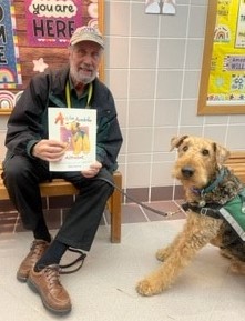 When Fergus the #therapydog arrives at <a href="/MRElem/">Margaret Ross Elementary</a>  to help students after a tough week and we have a book written about him by a former employee. <a href="/HopewellAreaSD/">Hopewell Area School District</a> #AiredaleTerrier #AisforAiredale #VikingPride