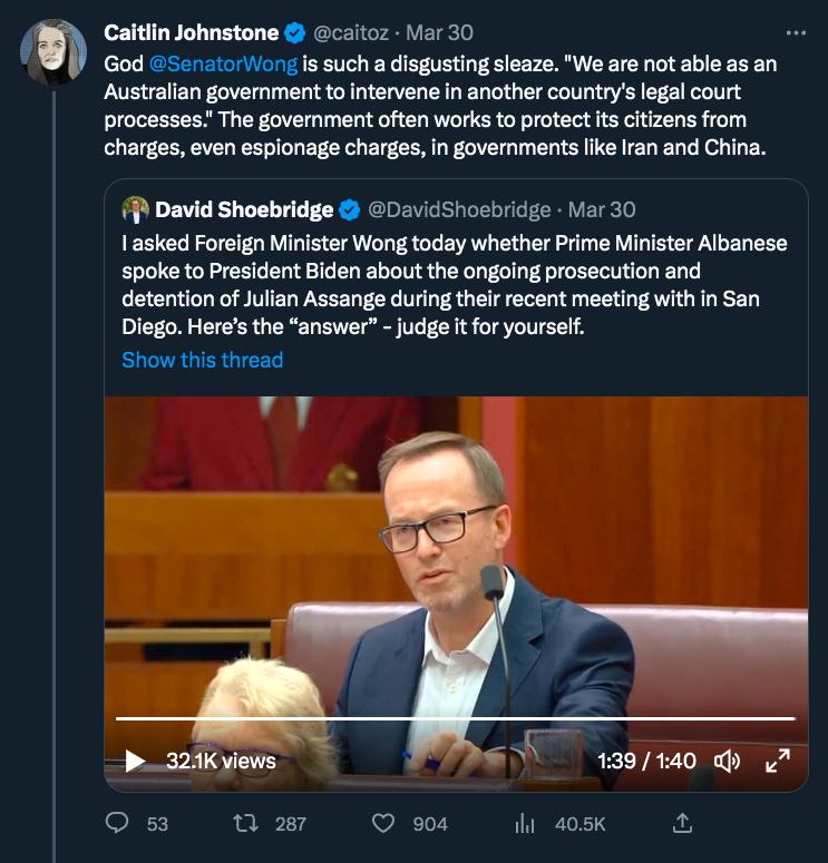 caitoz's tweet photo. Australian Foreign Minister @SenatorWong has never once tweeted the word "Assange" and says Australia is powerless to intervene against the US, yet in the last 24 hours she has tweeted demanding justice for an Australian journalist in China and an American journalist in Russia. https://t.co/X8CPK8Wy1R