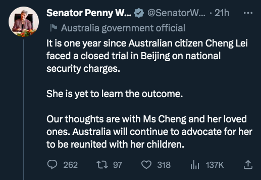 caitoz's tweet photo. Australian Foreign Minister @SenatorWong has never once tweeted the word "Assange" and says Australia is powerless to intervene against the US, yet in the last 24 hours she has tweeted demanding justice for an Australian journalist in China and an American journalist in Russia. https://t.co/X8CPK8Wy1R