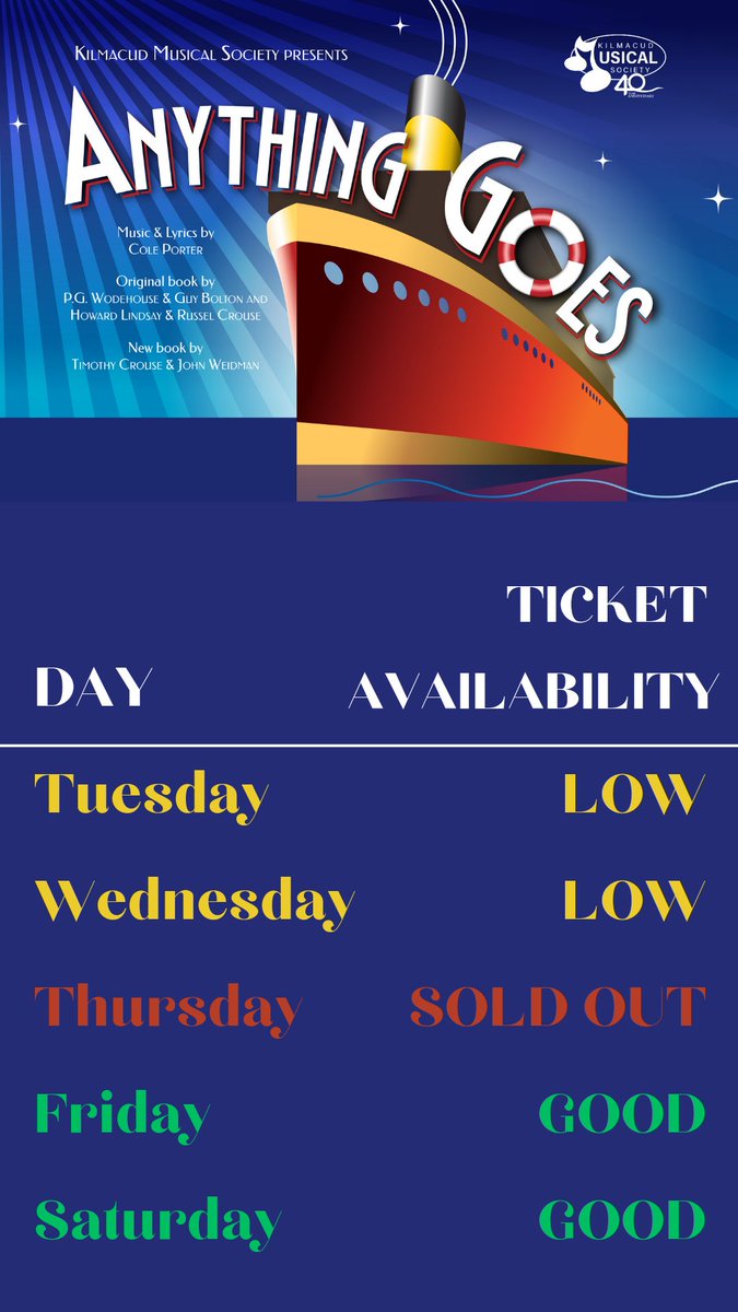 Have you heard?? Our Thursday show is sold out and Tuesday &amp; Wednesday are almost sold out! 

Tickets are going quick - don't miss the boat 😉 get yours now. 

Call the <a href="/dlrMillTheatre/">dlr Mill Theatre</a> box office on 01-2969340 or see 👇 milltheatre.ticketsolve.com/ticketbooth/sh…