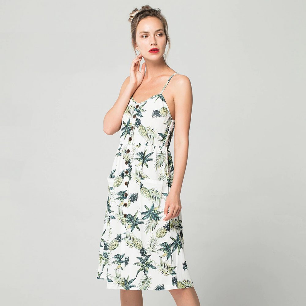 Summer Women Button Decorated Print Dress #fashion #fashioninspiration #yellowsummerdress #summerdressinwinter