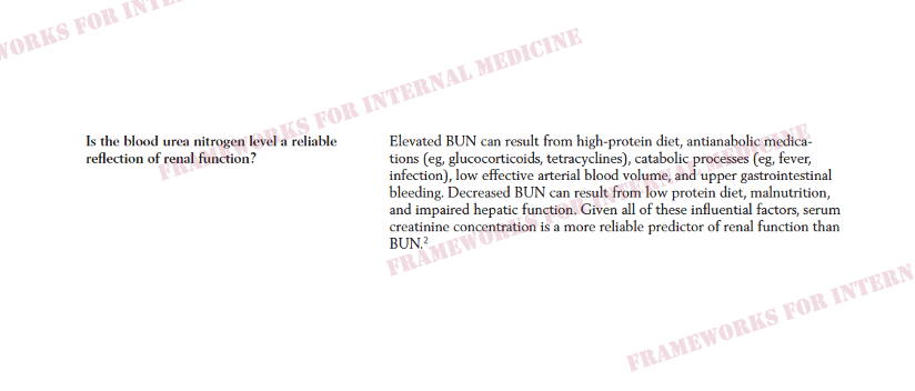 AndreMansoor's tweet photo. Elevated BUN is not always related to the kidneys, and can sometimes serve as a clue to an underlying diagnosis. Here is a reminder of the causes of elevated BUN from #FrameworksForInternalMedicine https://t.co/2QHhv51H4e
