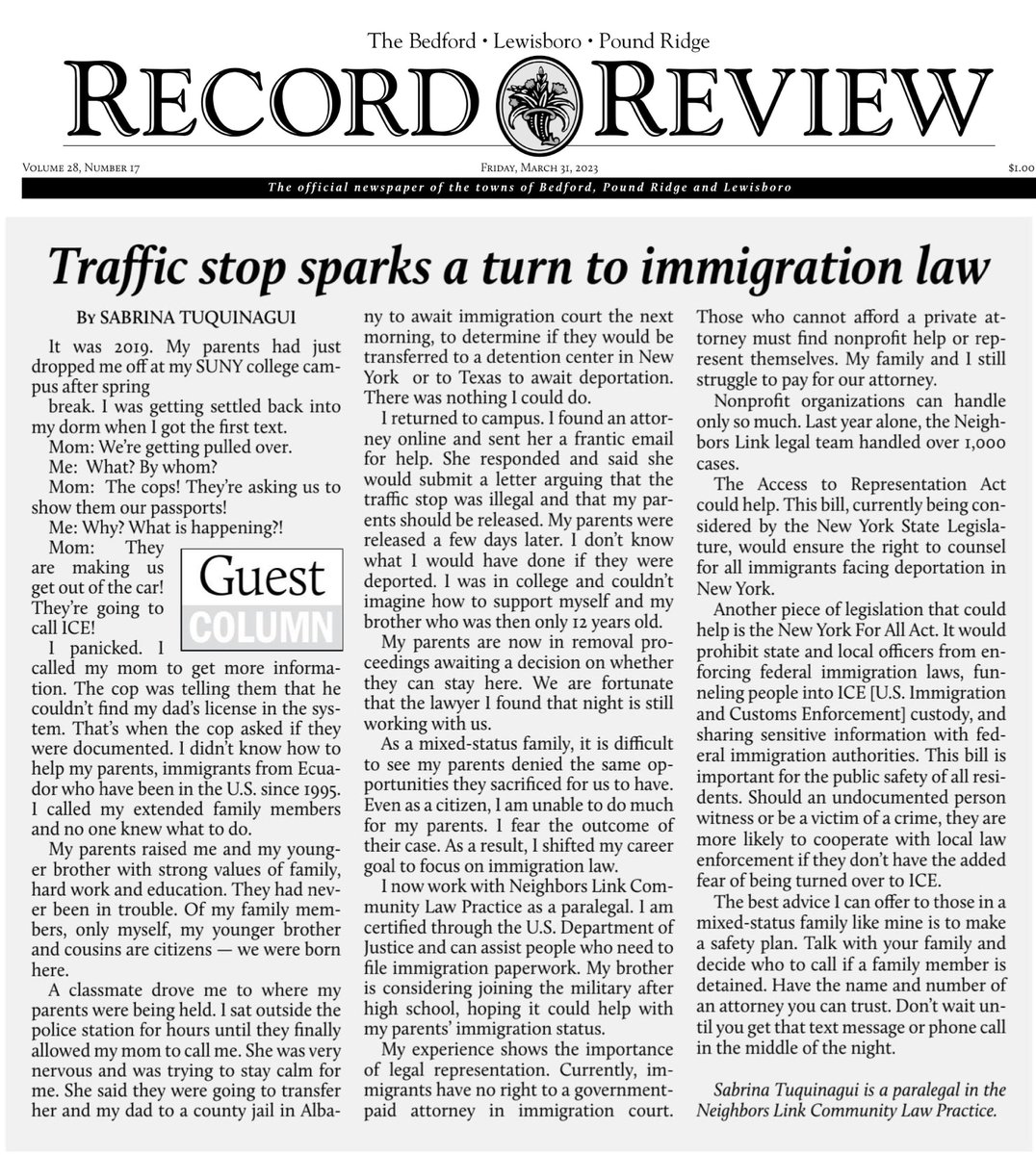 Make sure to pick up a copy of The Record-Review this week to read a great op-ed by Sabrina Tuquinagui, a Paralegal at Neighbors Link. She has written a deeply personal and compelling column about her family's experience and the need to pass #AccesstoRepresentation and #NY4All