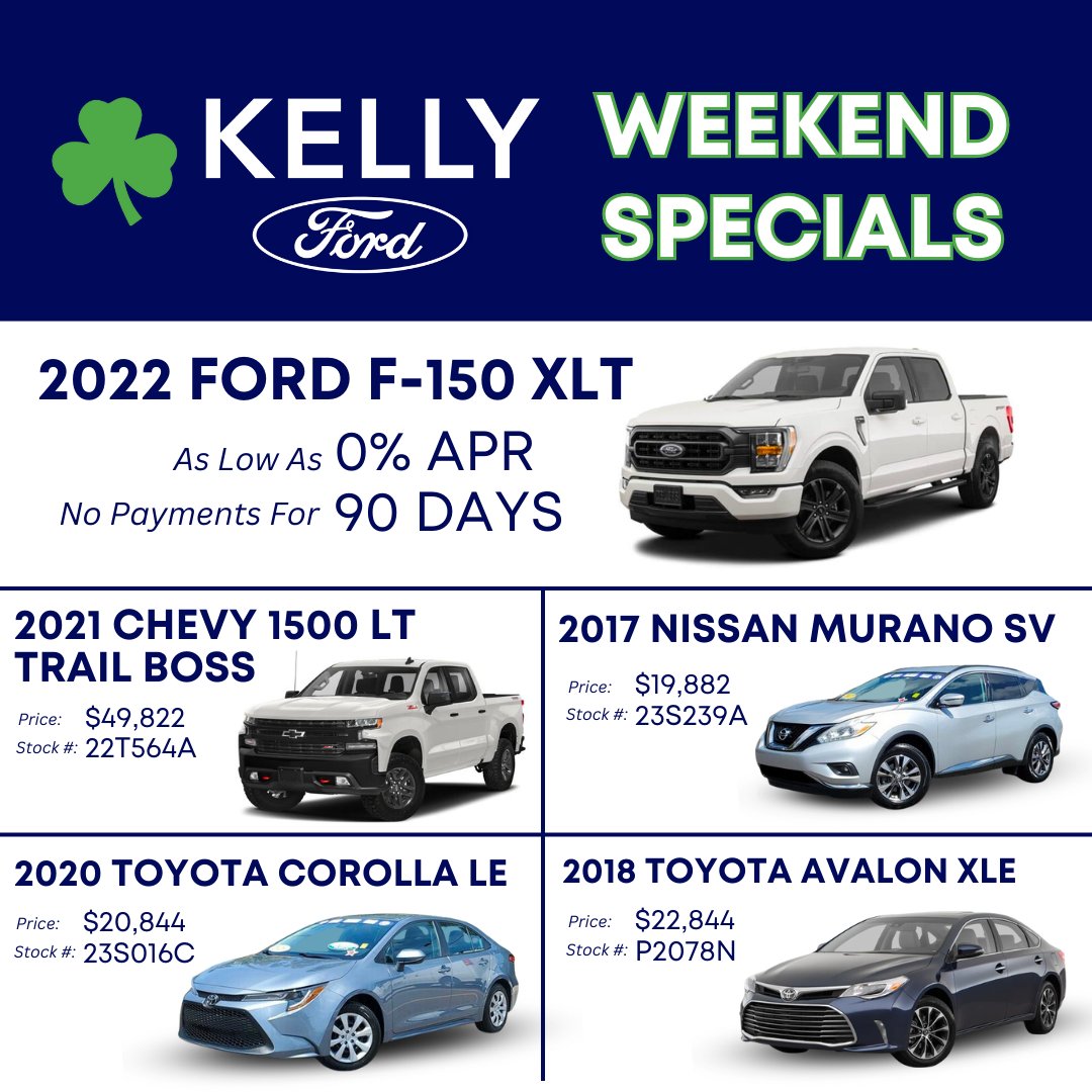 We've got killer deals this weekend at Kelly Ford in Melbourne! To test-drive your next ride, please visit KellyFord.com or call 855-438-1424.

#KellyFord #KellyFordMelbourne #Ford #MelbourneFL #FloridaCars #Specials #Deals #WeekendSpecials