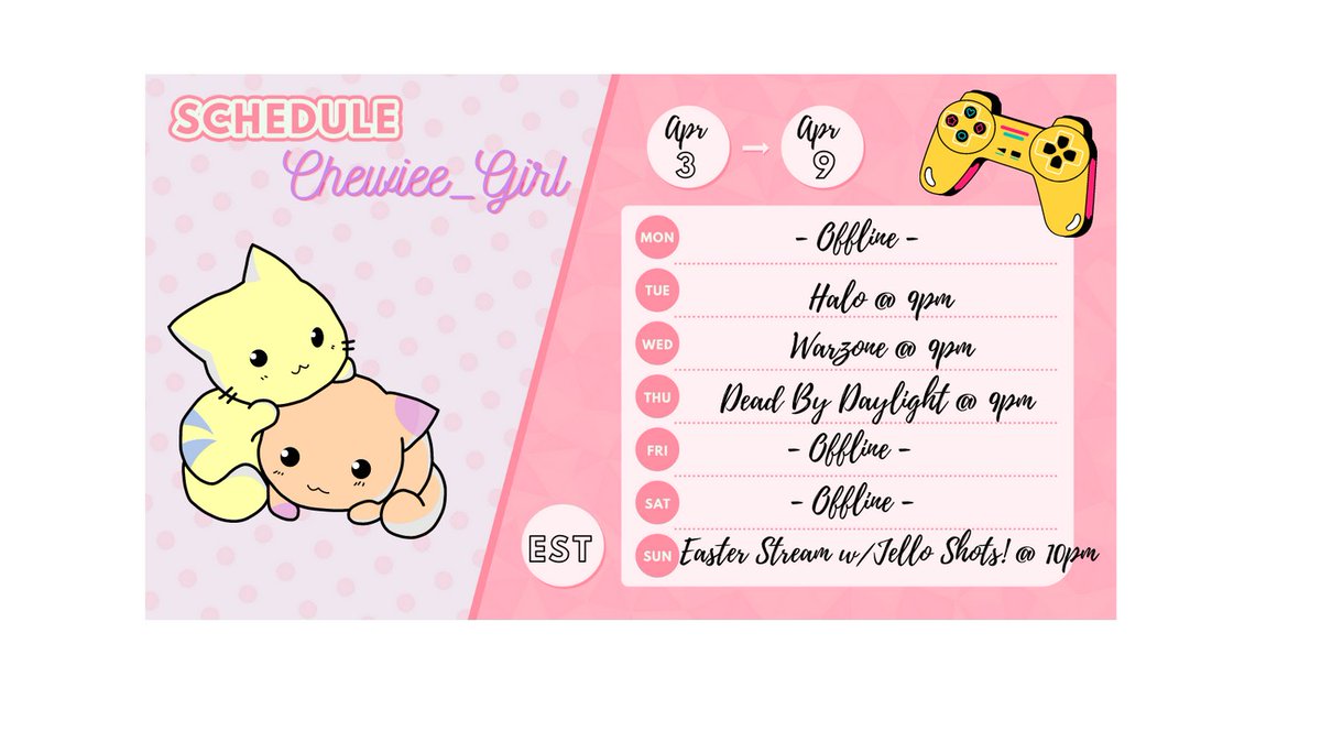 _Chewiee4's tweet photo. Hey guys! I'm back and here is my first week's schedule (TBD) :) This will be my plan, but it's finals week! <3 Come join me! @rttanks #TwitchStreamer #Affiliate #Content // Find me everywhere beacons/ai.com/chewiee_girl https://t.co/Nd4llRT8wb
