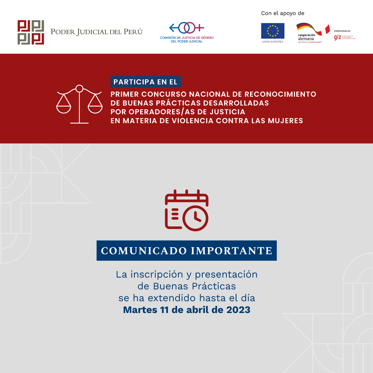 comgeneropjperu's tweet photo. #IMPORTANTE
Plazo de inscripción se ha extendido hasta el 11 de abril.
Aún puedes postular  en este Primer Concurso Nacional de Reconocimiento de Buenas Prácticas 
Info: https://t.co/zWaQG98k3V

#JuntosSomosMejores #snej #forsnej #JusticiaDeGénero #GIZPerú #TeamEurope #UEenPerú https://t.co/pjIfLy3aoP