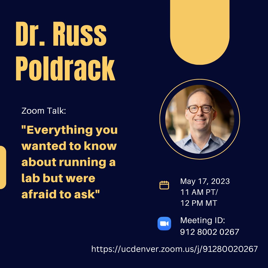 **Everything you wanted to know about running a lab but were afraid to ask!**

I'm honored to be hosting <a href="/russpoldrack/">Russ Poldrack</a> in sharing his wisdom

May 17th 12pm MT at ucdenver.zoom.us/j/91280020267

Please RT and share esp. with new faculty!