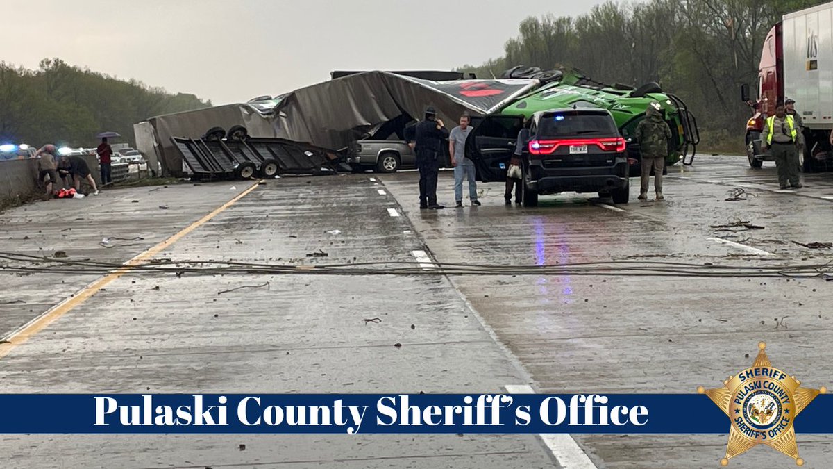 Tornadoes have affected many areas of Pulaski County. First responders are on scene in the Rodney Parham and Jacksonville areas (as seen in the picture). Do not stop to survey damage. If you are traveling home you may have to take an alternate route. #PCSONEWS