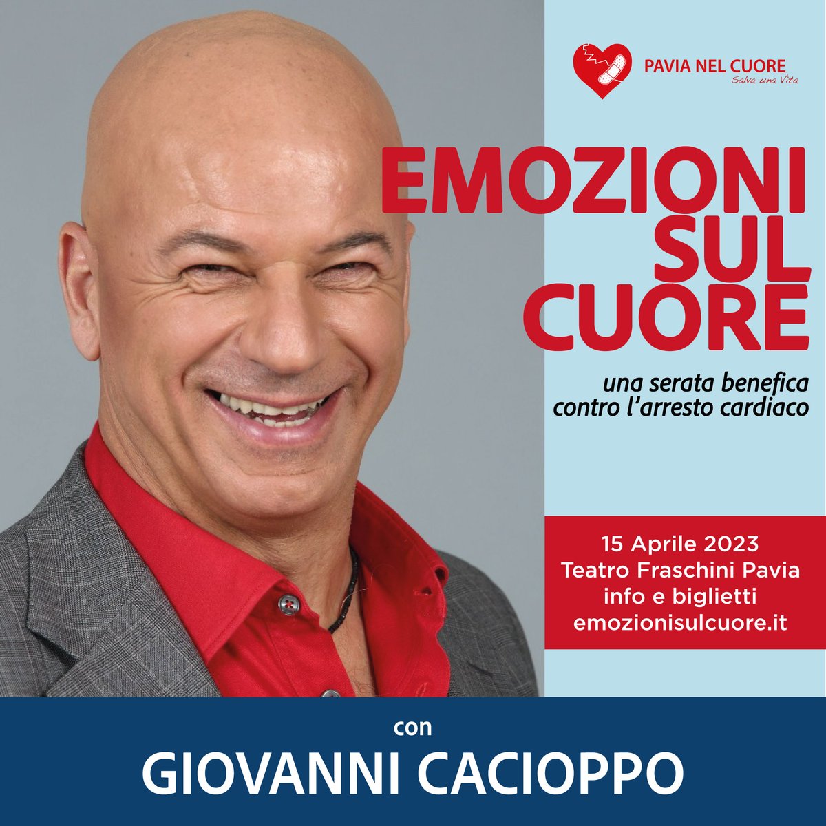 Il 15 aprile a #Pavia festeggiamo insieme a voi 10 anni di attività #salvavita contro l'arresto cardiaco. Una serata piena di emozioni, anche di risate con <a href="/CACIOPPO65/">Giovanni Cacioppo</a> 
Biglietti qui emozionisulcuore.it #emozionisulcuore #pavianelcuore #cuore #BLSD #RCP #milano #lombardia