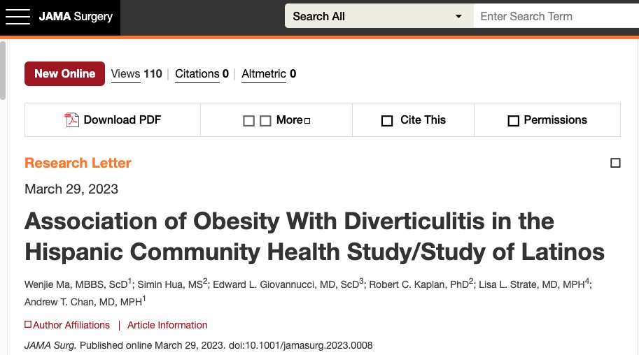 We report in @JAMASurgery that obesity is an important risk factor for incident diverticulitis in Hispanic and Latino Americans (@HCHS_SOL_Bronx). @AndyChanMD @LisaStrateMD Dr. Edward Giovannucci, and Simin Hua. Special thanks to Dr. Robert Kaplan for the collaboration! @MGH_CTEU