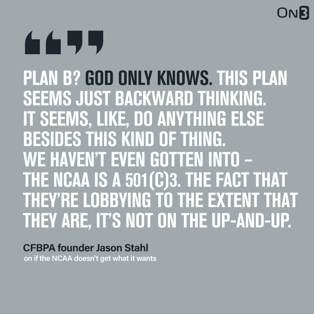 On3NIL's tweet photo. What happens if federal legislation is never enacted to create a national NIL standard? 

@CFBPAOfficial founder Jason Stahl, who testified on the Hill on Wednesday, does not see the NCAA's backup plan coming together. 

Full interview with @EricPrisbell: https://t.co/5kKkOjOdPk https://t.co/tIUhSbEVlj