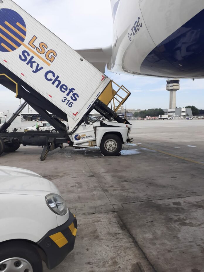 British Airways A350 comes close to being damaged after catering truck's hydraulic system malfunctions at Sao Paulo Guarulhos Airport, Brazil.