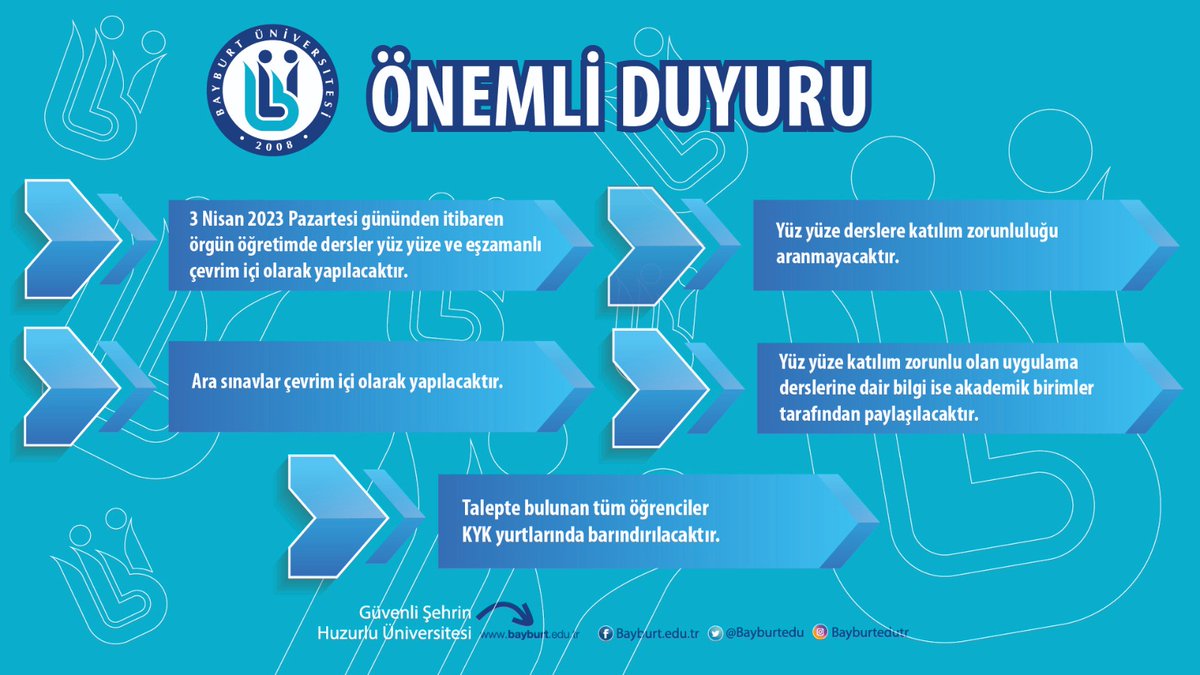 Yükseköğretim Kurulunun 2022-2023 akademik  yılı bahar dönemine mahsus olmak üzere aldığı karar gereğince 3 Nisan Pazartesi günü itibariyle başlayacağımız hibrit eğitime ilişkin detaylar 👇👇👇👇
