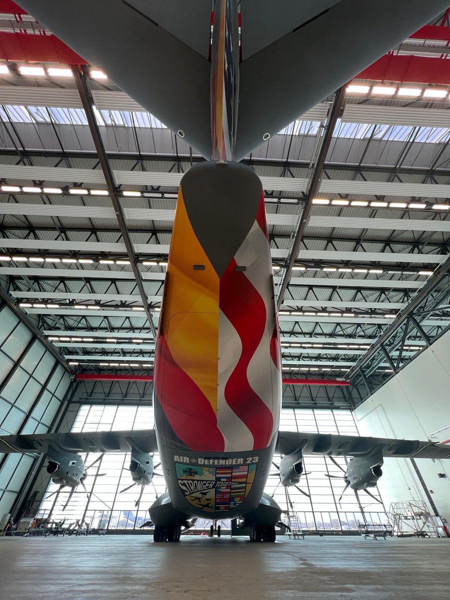 AirbusDefence's tweet photo. Wow! @Team_Luftwaffe just revealed its ambassador aircraft for #AirDefender23 - our mighty #A400M with a special livery. This NATO exercise in June will bring together 24 nations &amp; over 220 aircraft in🇩🇪. Stay tuned for more! 

📸Copyright: Luftwaffe https://t.co/8d1qNCykFK