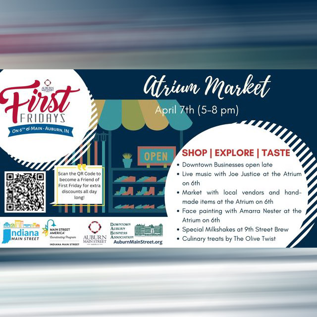 VisitDeKalbCo's tweet photo. A week from today will be the opening season for First Friday on April 7th from 5PM - 8PM. Come to Historic Downtown Auburn and enjoy music, shopping, and art! 

#smallbusinesssupportingsmallbusiness #visitdekalb #visitindiana #indiana #inindiana #visitdekalbcounty #dekalbcounty https://t.co/aYw2S2SaQI