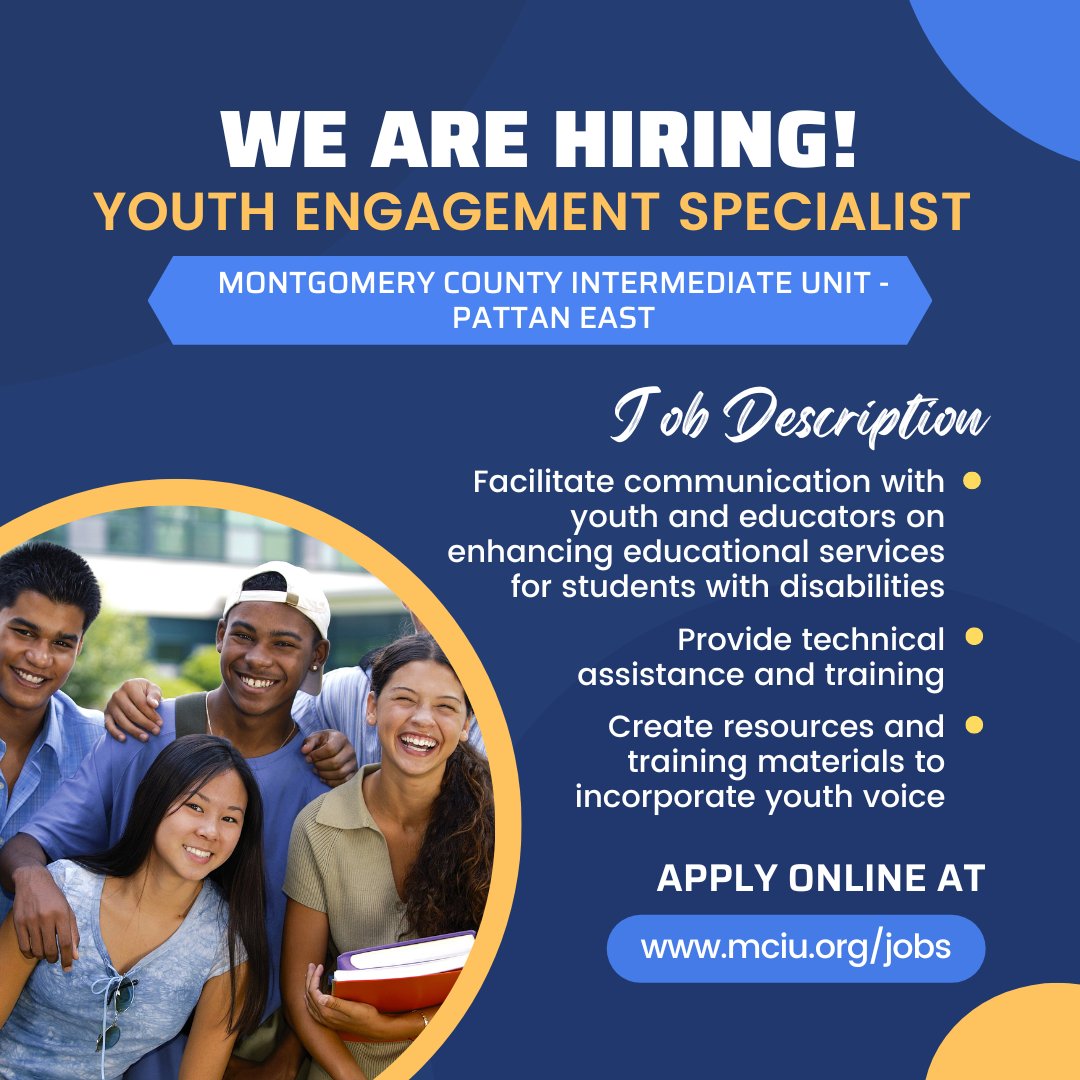 pattanupdates's tweet photo. Are you passionate about enhancing educational services for students with disabilities? We are hiring two Youth Engagement Specialists to represent the youth perspective and incorporate youth voice! https://t.co/lTrSB6kVts #jobopening #secondarytransition #SpecialEducationinPA https://t.co/pIo0rrPyp7