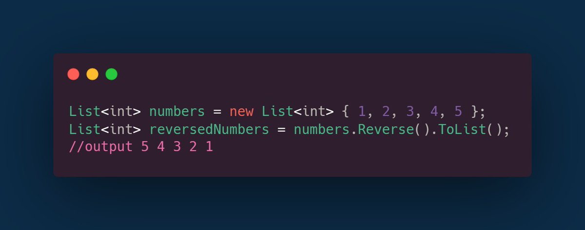 Syntax_stories's tweet image. In C#, the Reverse method is used to reverse the order of elements in a collection.
#dotnet #linq