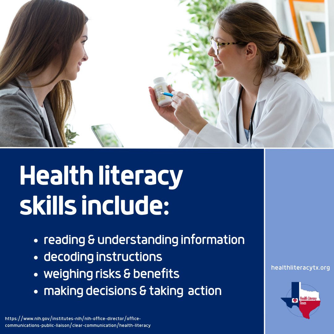 HealthLitTX's tweet photo. Proper health literacy involves a variety of special skills. Read below to see how the National Institutes of Health outlines health literacy skills. 

Learn more about health literacy at https://t.co/C3g1ZGwD33! 

#health #healthcare #healthliteracy #publichealth #education https://t.co/zb26aKfxh6