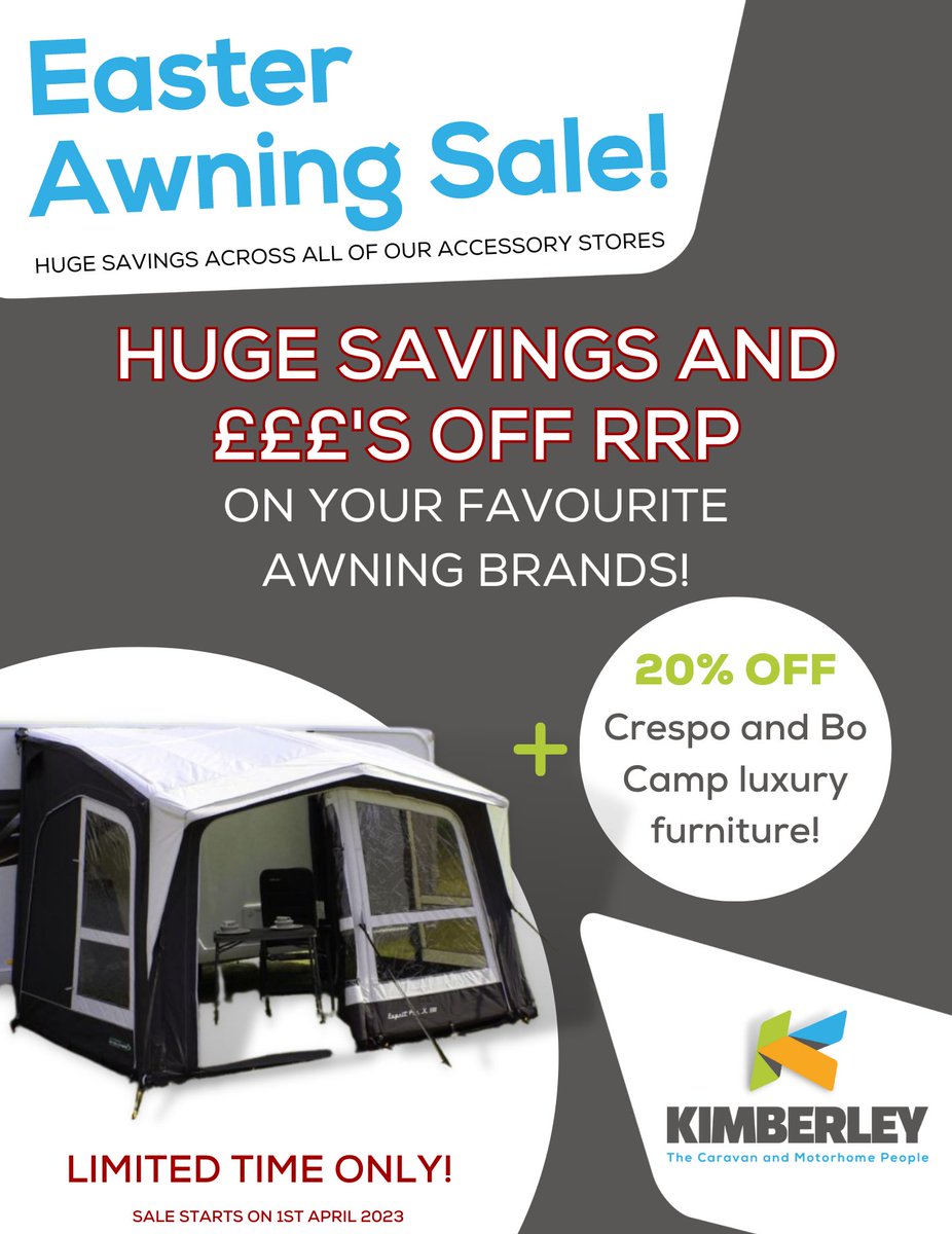 🔔Our Easter Awning Sale begins TOMORROW!

All throughout April we have huge discounts on your favourite Awning brands!🙌

🏕️Pop in or give your local store a call to check out the incredible deals we have for you!

#KimberleyCaravans #awningsale #campinglife