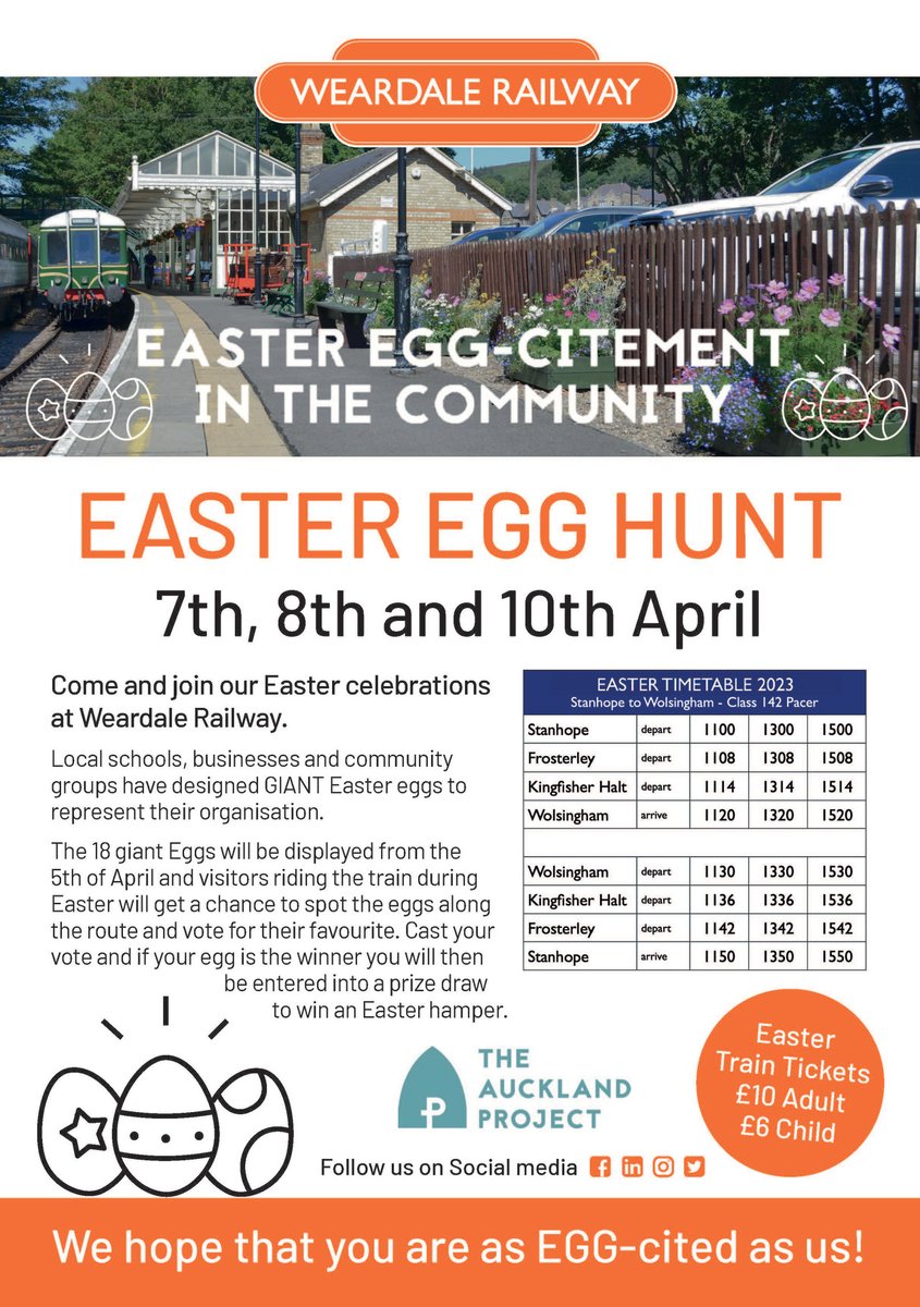 Easter Egg Hunt 🐰 7th, 8th and 10th April. SAVE THIS POST for all the info you need!
No need to book tickets, come down to Stanhope Station and join in the fun 🐣
#Easter #EasterDayOut #EasterCelebrations #HeritageRailway #Weardale #TheAucklandProject