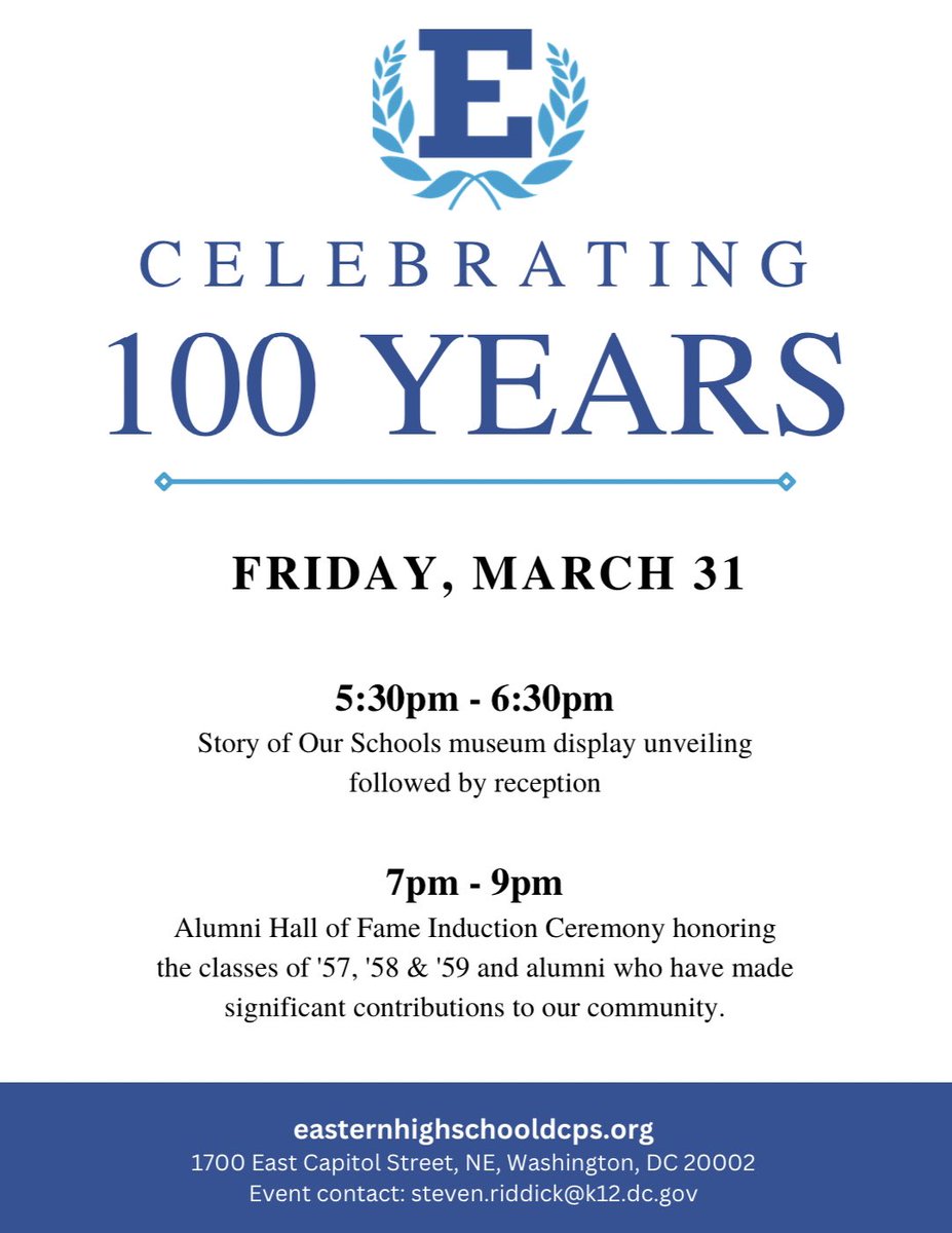 Today we are celebrating Eastern High School's centennial! Congratulations <a href="/EasternHS/">Eastern High School</a> on 100 years as the "Pride of Capitol Hill." 💙🤍

Join us tonight for a reception honoring EHS alumni and to explore the new <a href="/schoolstoriesdc/">Story of Our Schools</a> exhibit.