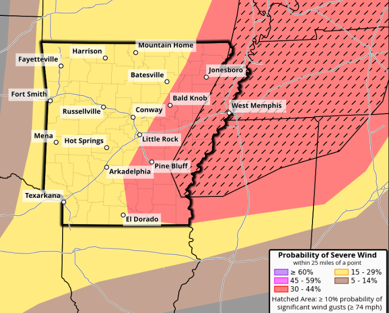 Severe Weather Upgrade: Increase of tornado possibilities, especially across the east-central area of Arkansas has prompted the Storm Prediction Center to issue a HIGH risk across locations just east of the Little Rock metro. All hazards remain for most of the state. #arwx