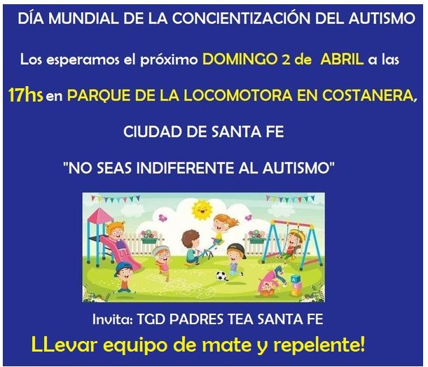 TGDPadresSFe's tweet photo. 2 DE ABRIL DIA MUNDIAL DE LA CONCIENTIZACION DEL AUTISMO.
Leer información en flyer adjunto. 
CIUDAD DE SANTA FE, ARGENTINA 🇦🇷
Los esperamos!

Agradecemos difusion! #autismo  @lt9lider @radiolt10  @radiomitre @AntologiaRadio @Radio_Eme https://t.co/OcbzMQRDuL