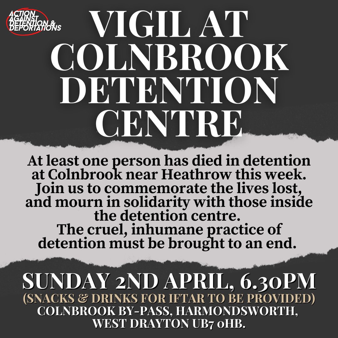 We will be holding a vigil outside Colnbrook detention centre by Heathrow this Sunday at 6.30pm, following the reports of at least one death at the centre this week.

Join us as we mourn with those inside for another life taken by the brutal, inhumane, lethal border regime 🕯️