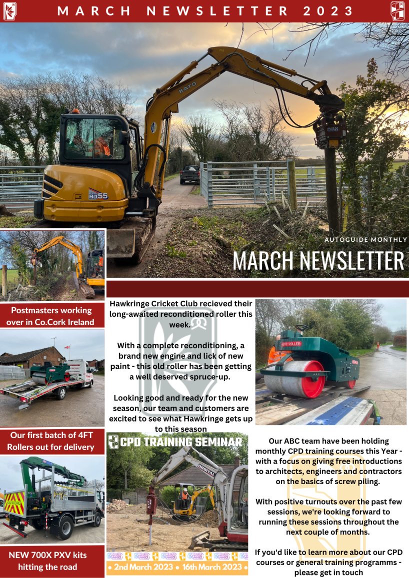 Our March News Letter is here - feel free to read through and see what we and our customers have been up to this Month ! 

 #auger #singlespeed #utilityindustry #openreach #britishmanufacturing #madeinbritain #screwpiles #training #cricketrollers #rollerseason #PSR #postknockers