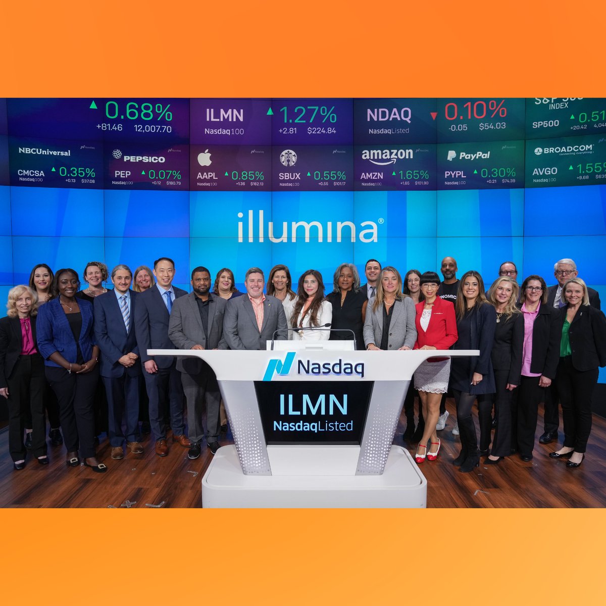 We rang the @nasdaq Bell in celebration of Illumina’s 25th anniversary! 🔔 It’s inspiring how far we’ve come and all we’ve accomplished – knowing we wouldn’t be here without our innovative employees, customers &amp; partners. Here’s to the next 25! #Nasdaq #IlluminaProud