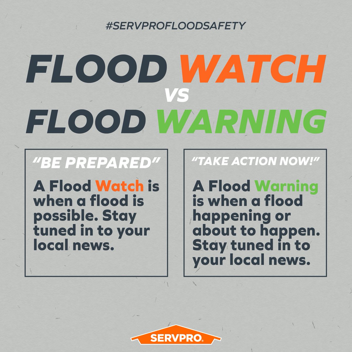 Do you know the difference between a flood watch and a flood warning? A warning means “Take Action Now!” and if advised to evacuate, do so immediately. A watch means “Be Prepared” because flooding is possible within your area. #floodsafety