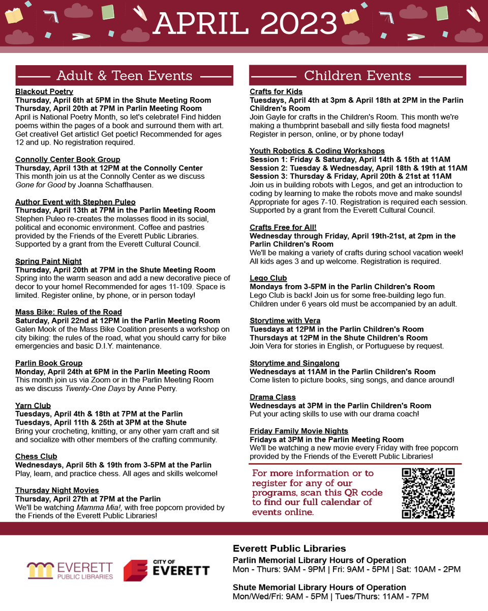 Mayor_DeMaria's tweet photo. The Everett Public Libraries has announced its monthly calendar for April! Check out all the programming happening at the Libraries and consider stopping by.

For more details, visit their online calendar at https://t.co/Qisj7fQX1s https://t.co/I7qmLsShV4