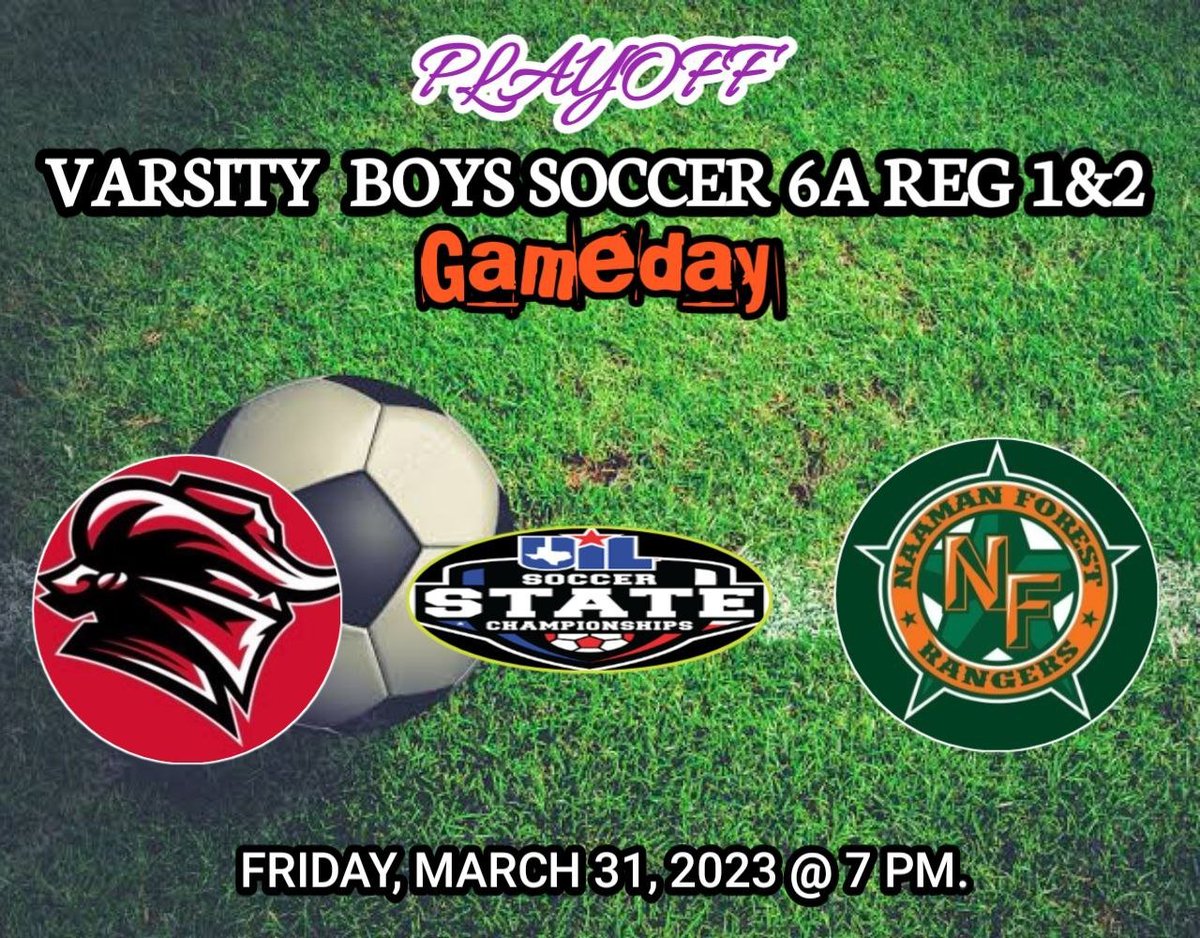 Uiltexas2's tweet photo. 📢 PLAYOFF
🏆 Boys Soccer 6A Reg. 1 &amp; 2
⚽️ Tyler Legacy
🆚 Naaman Forest
🖥 Watch Live : https://t.co/eHw7ofOLRx   
🗓️ Friday, March 31 | 2023
⏰ 7p.
@redraidersoc @TLGirlsSoccer @TylerLegacyFB
@TYLERLEGACYTENN @NFRANGERSOCCER @NFHS_Rangers @Naaman_Football @CoachPTPayne https://t.co/FSEntr3N47