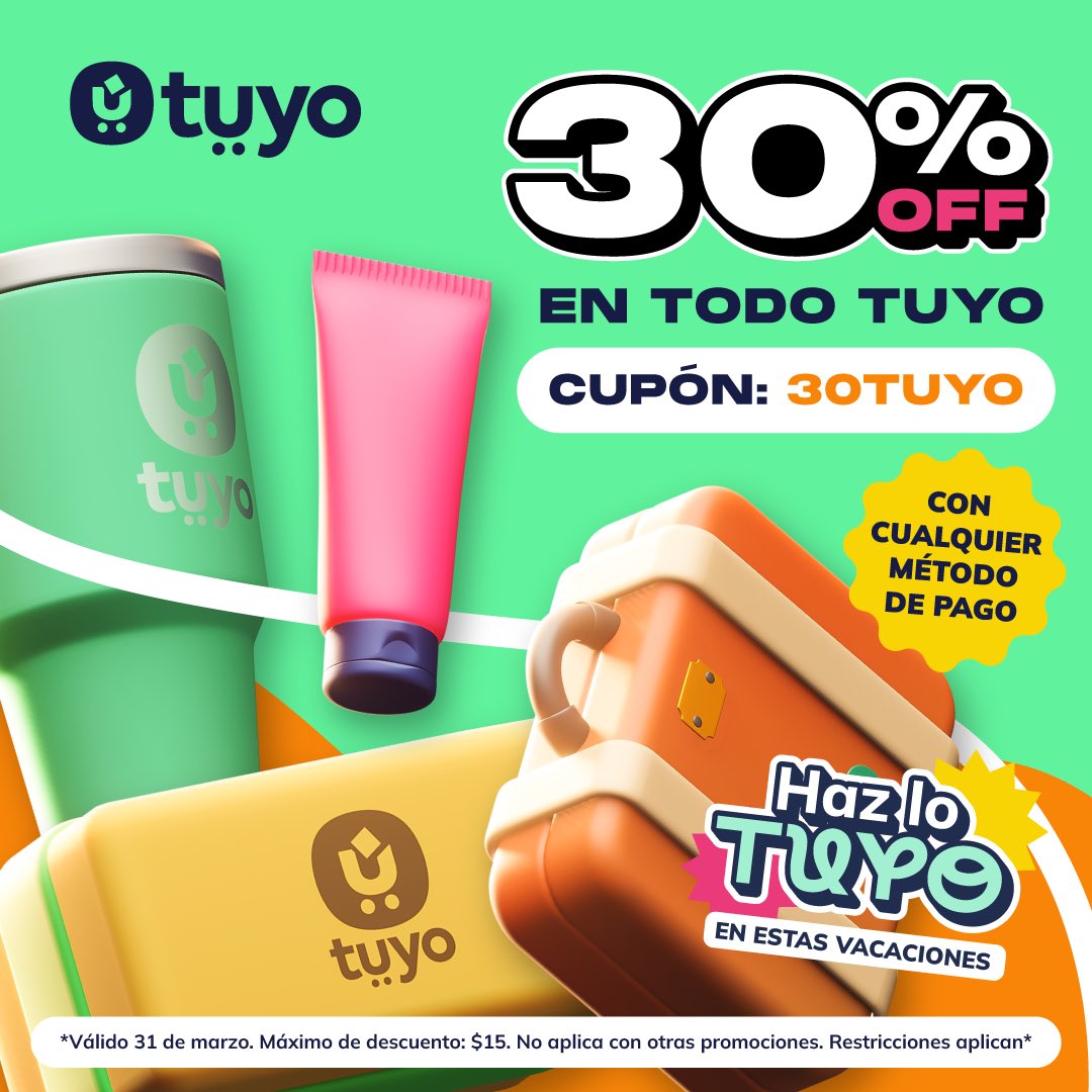 Nos volvimos locos🤪💚
TODO TUYO CON 30% OFF🚀 utilizando el código 30TUYO 🙌🏻

Válido 31/03. Restricciones aplican.