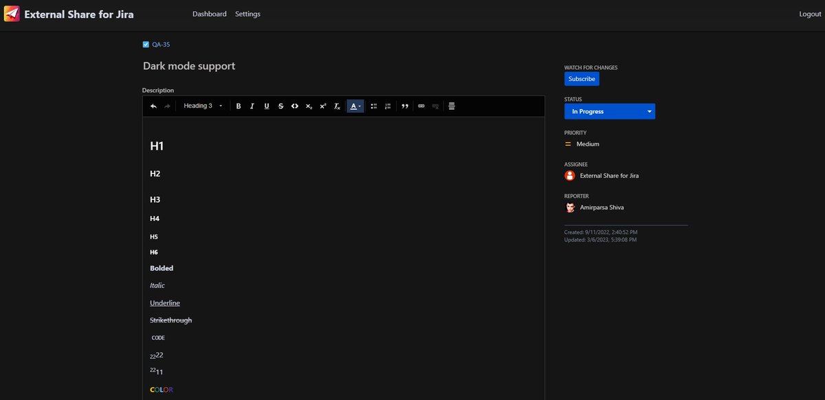 External_Share's tweet photo. External Share just got better! 🚀
With an improved dark mode, experience a seamless and visually pleasing interface while securely sharing content with your team. 
Now you can edit in dark-mode too! 😎
#ExternalShare #DarkModeUpdate #Atlassian #Jira #Confluence https://t.co/3xfvGWUc1U